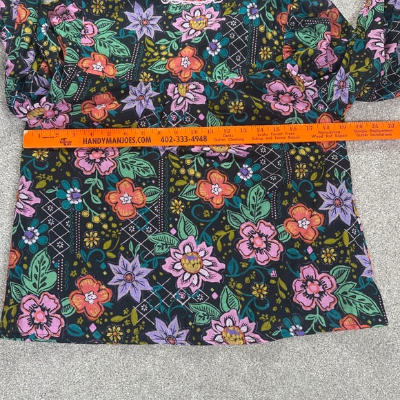 AVARA Black Floral S Print Button Front Blouse Long Sleeve Ruffle Collar Cotton - Picture 9 of 11